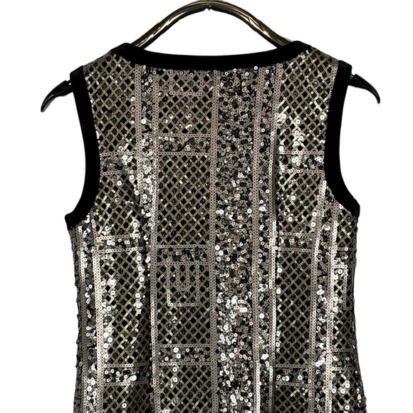 BASLER SEQUIN GEOMETRIC SLEEVELESS VELVET TRIM SHEATH PARTY COCKTAIL DRESS - Picture 9 of 14